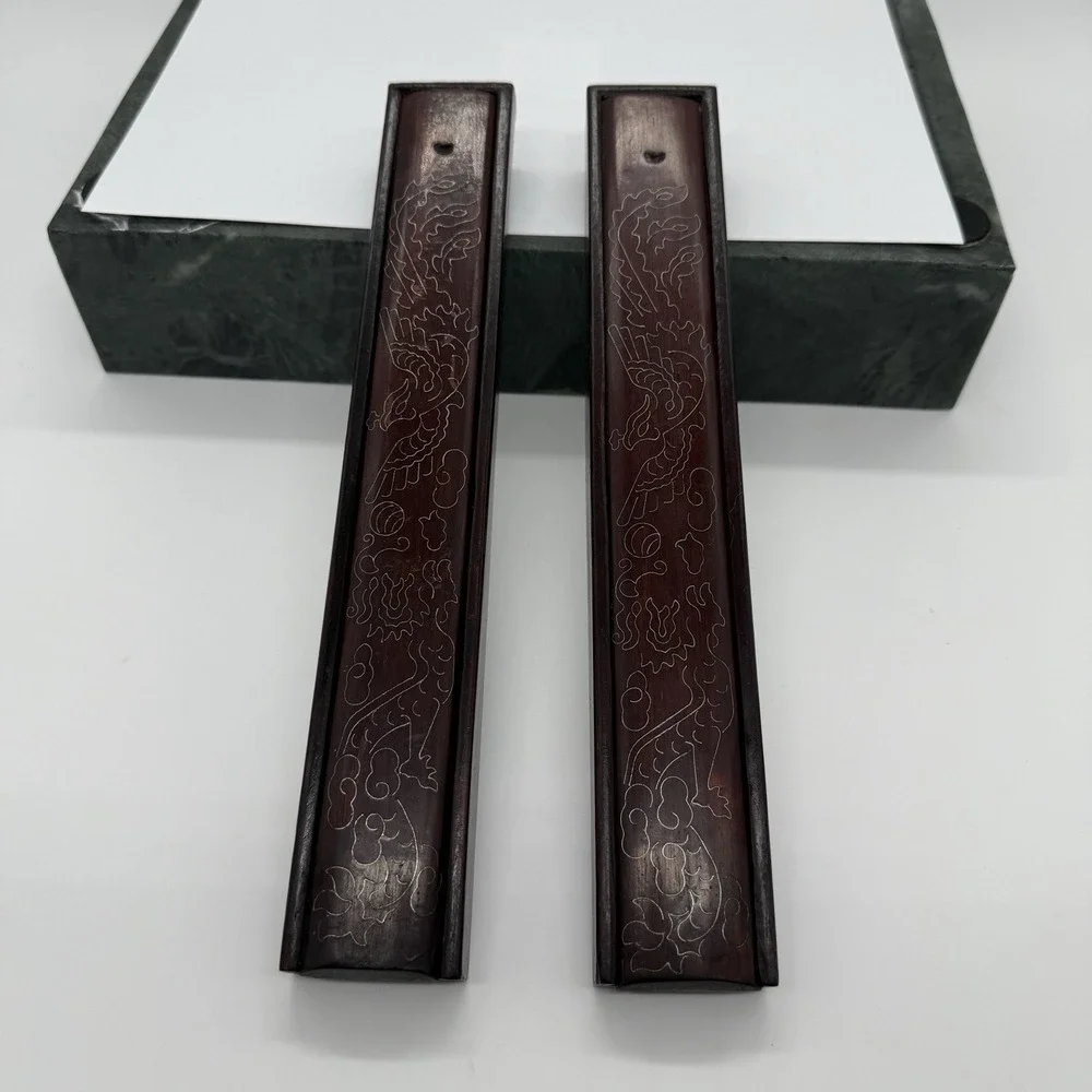 Vintage Chinese Wood Chopsticks Set w/ Carved Dragon Case 8 Pair Red Lacquer